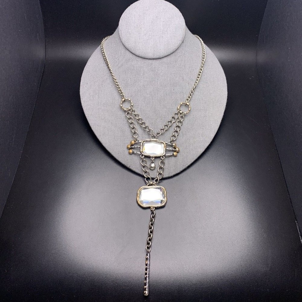 Silver Tone Glass Rhinestone Necklace Boho Statement Dangle Bar Artsy